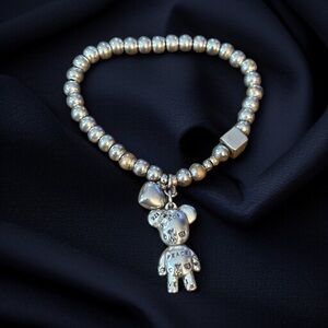 925 silver peace and love teddy bear charm stretch bracelet